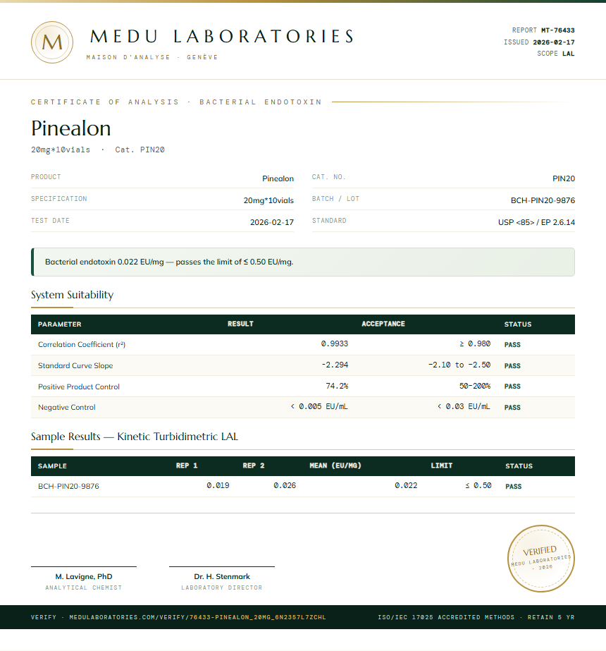 Pinealon Endotoxin report by Medutest